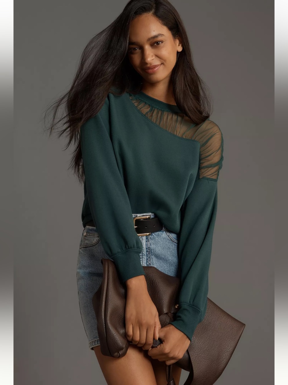 NWT Anthropologie size M Sheer-Detail Long Sleeve Top in Deep Teal